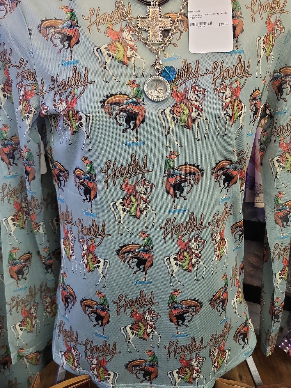 Howdy Print Long-Sleeve Blouse - Turquoise